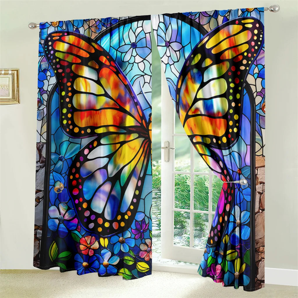 2Pcs Butterfly Painting Curtains - Colorful Pattern Living Room - Bedroom