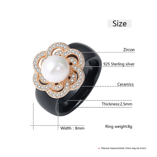 100% S925 Sterling Silver Women Rings - Iced Out CZ Crystal Flower - Pearl Ceramic Rings