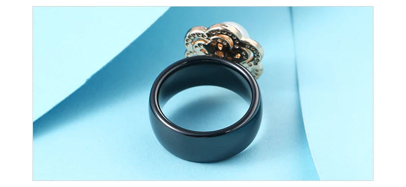 100% S925 Sterling Silver Women Rings - Iced Out CZ Crystal Flower - Pearl Ceramic Rings