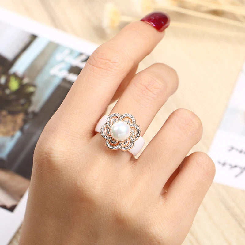 100% S925 Sterling Silver Women Rings - Iced Out CZ Crystal Flower - Pearl Ceramic Rings