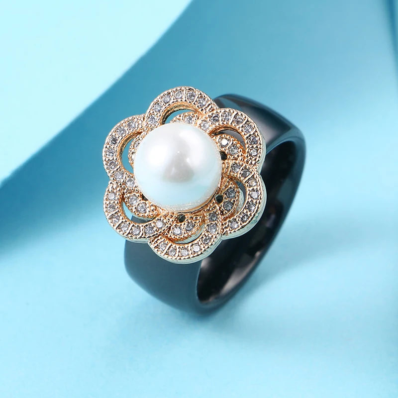 100% S925 Sterling Silver Women Rings - Iced Out CZ Crystal Flower - Pearl Ceramic Rings