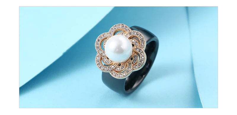 100% S925 Sterling Silver Women Rings - Iced Out CZ Crystal Flower - Pearl Ceramic Rings