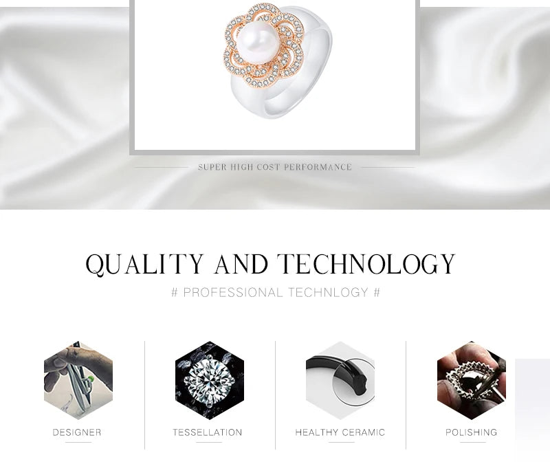 100% S925 Sterling Silver Women Rings - Iced Out CZ Crystal Flower - Pearl Ceramic Rings