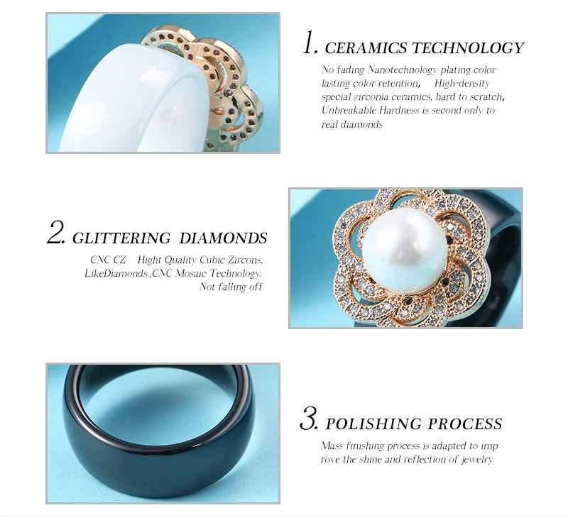 100% S925 Sterling Silver Women Rings - Iced Out CZ Crystal Flower - Pearl Ceramic Rings