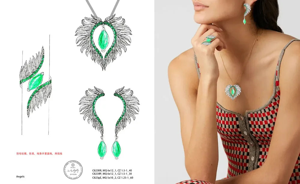 GEM'S BALLET Angel Wings Feather 925 Sterling Silver Earrings - Natural Green Agate Amethyst