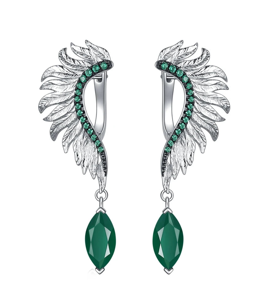 GEM'S BALLET Angel Wings Feather 925 Sterling Silver Earrings - Natural Green Agate Amethyst