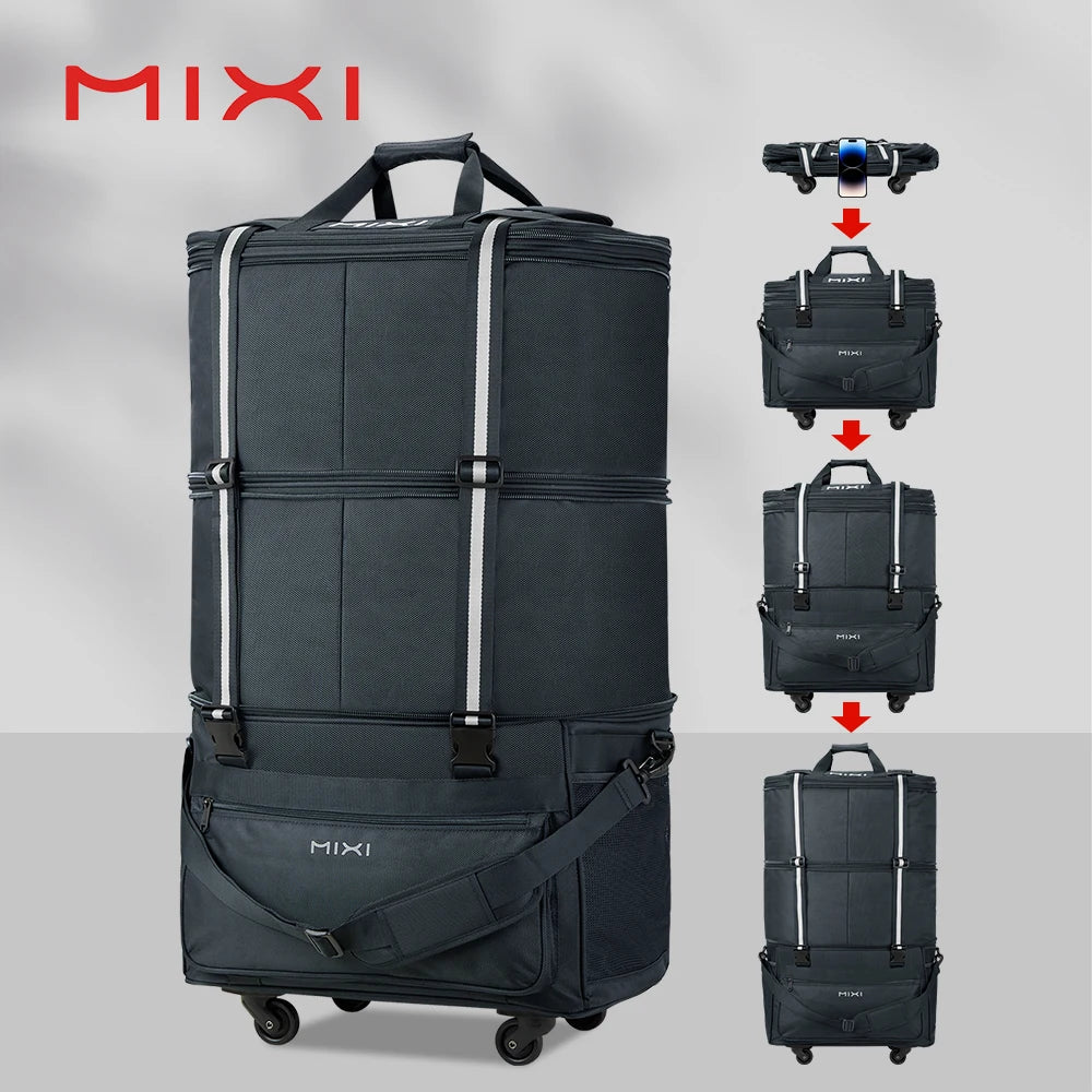 Mixi Foldable Travel Bag - Hand Carry Duffel Bag with Wheels - Expandable Rolling Travel Bag - Large Capacity Waterproof Luggage Bag