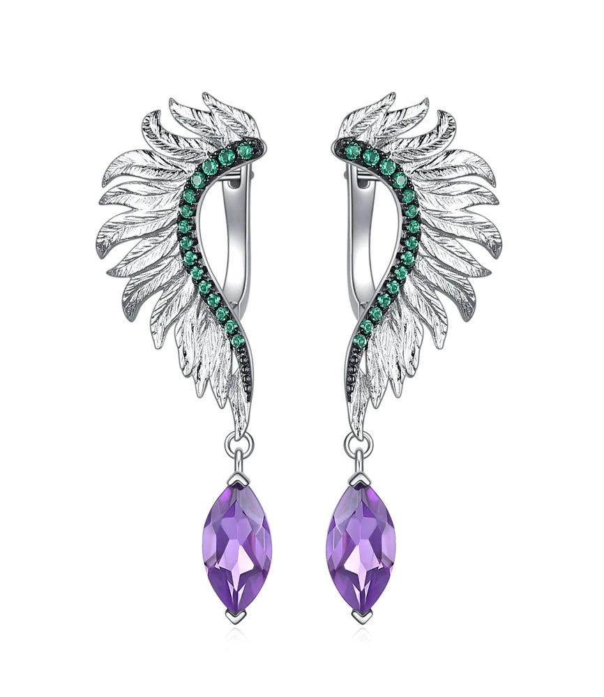 GEM'S BALLET Angel Wings Feather 925 Sterling Silver Earrings - Natural Green Agate Amethyst