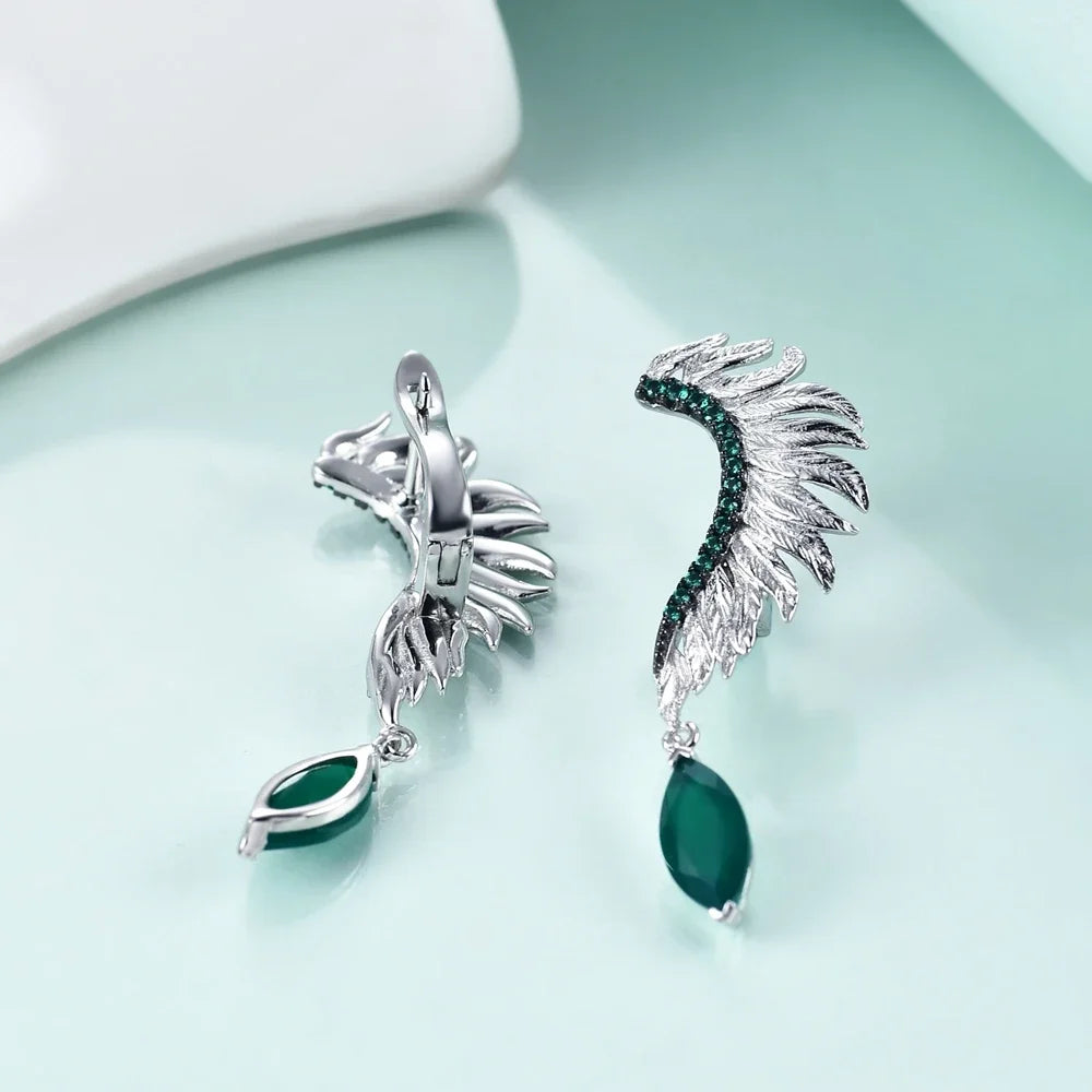 GEM'S BALLET Angel Wings Feather 925 Sterling Silver Earrings - Natural Green Agate Amethyst