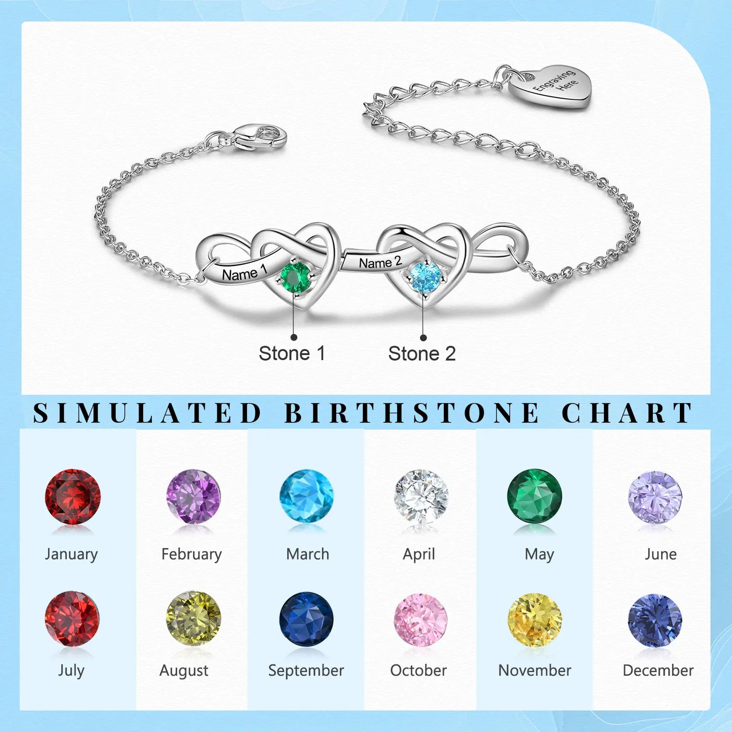 Heart Bracelet with 2-6 Birthstones