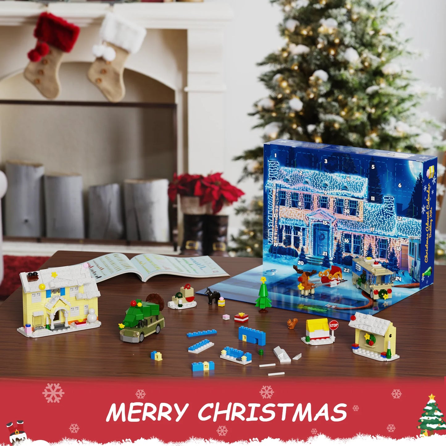 Christmas Holiday Advent Calendar - Building Blocks Set 24 Surprises - Festive Decor with Houses, RV, Car,Gifts for Boys and Girls
