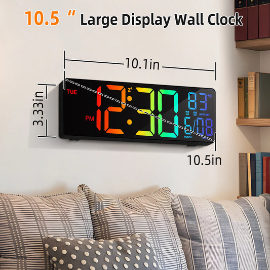 10.5" Digital Wall Clock, LED Display with Remote, Auto DST, Temperature for Living Room, Bedroom, Kitchen