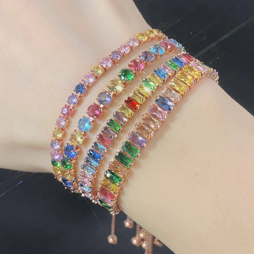 Adjustable Multicolor Tennis Bracelets for Women - Ladies Rainbow Colorful Zircon Charm Bracelet