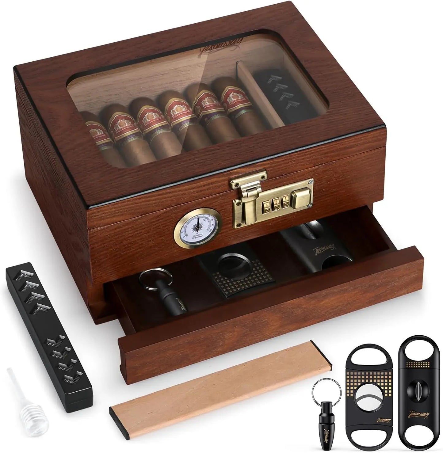 Cedar Wood Cigar Humidor,Glass Top Desktop Box with Front Hygrometer,Humidifier,Divider,Accessories Drawer and Combination Lock