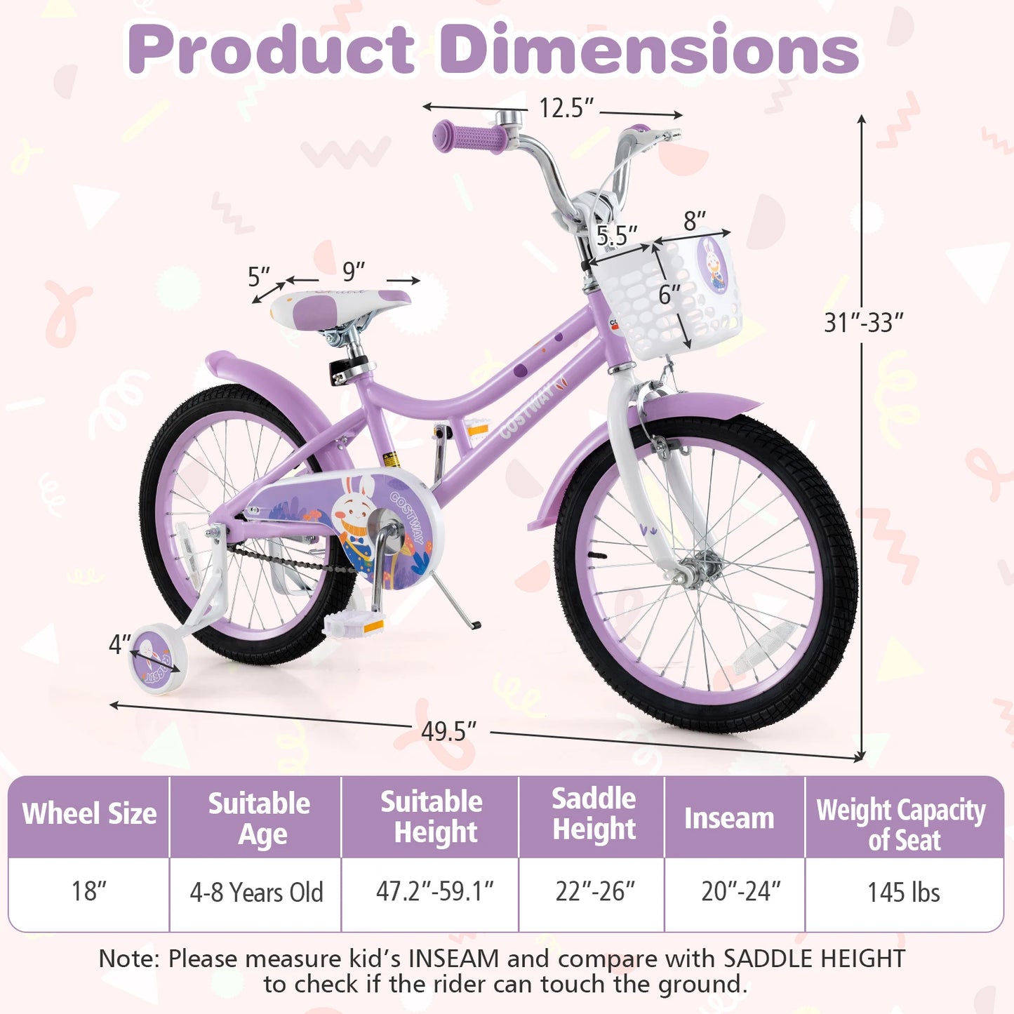 Girl Bike w/Basket Detachable Training Wheels Adjustable Seat Handbrake