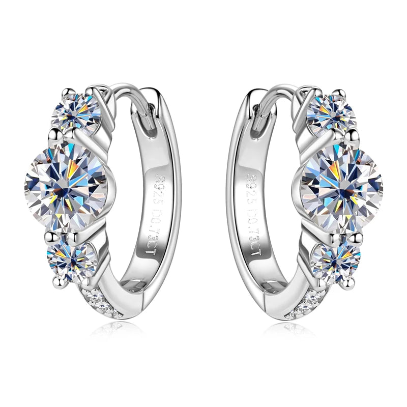 S925 Silver Hoop Earring - Ladies Moissanite Dangle Earrings - Three Stone D Color Glittering Diamond