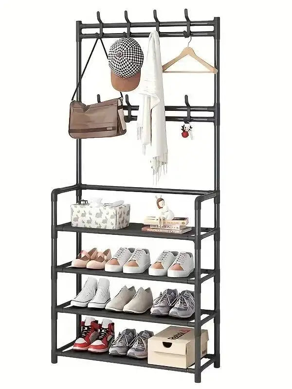 A clothes hanger and shoe rack , used for storing shoes, clothes, jackets, hats, bags, umbrellas i