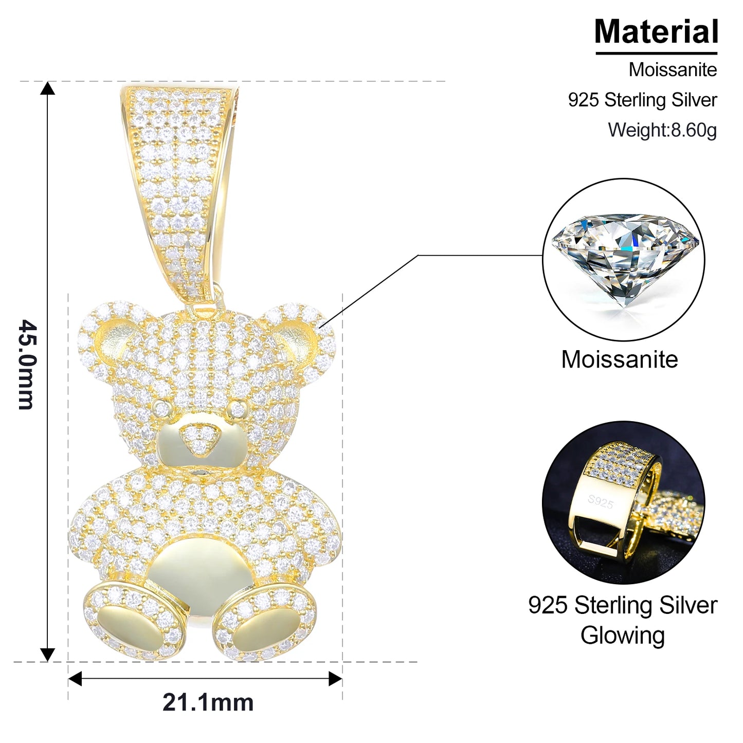 Exquisite Moissanite Fashion Bear Pendant Necklace