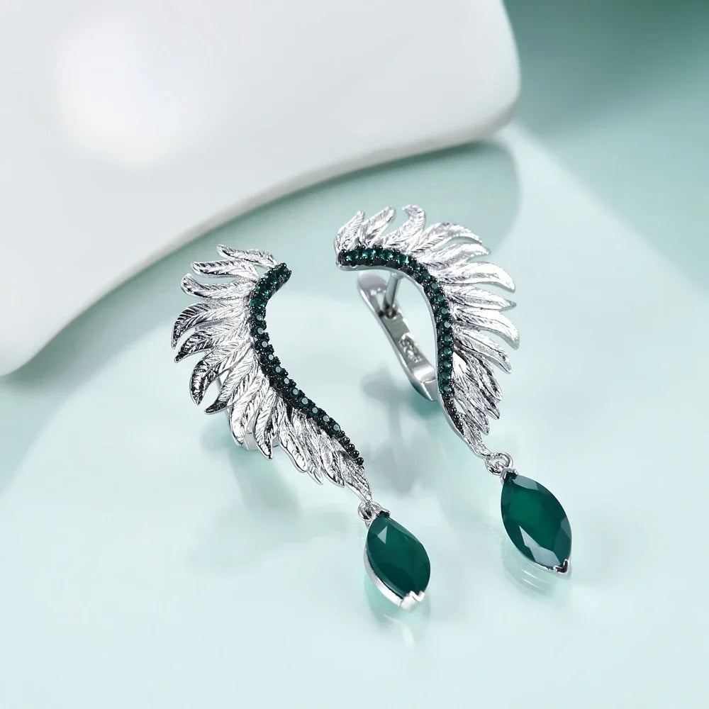 GEM'S BALLET Angel Wings Feather 925 Sterling Silver Earrings - Natural Green Agate Amethyst