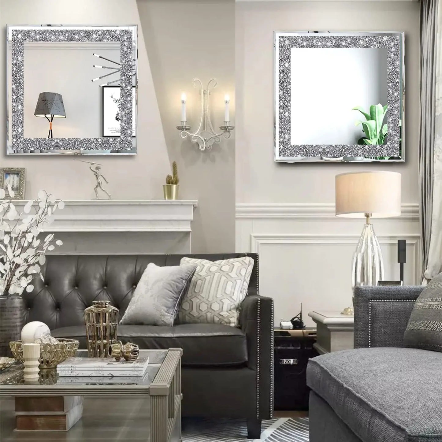 2 Piece Wall Mirrors, Crush Diamond Mirrors Decor, (12”X12”)