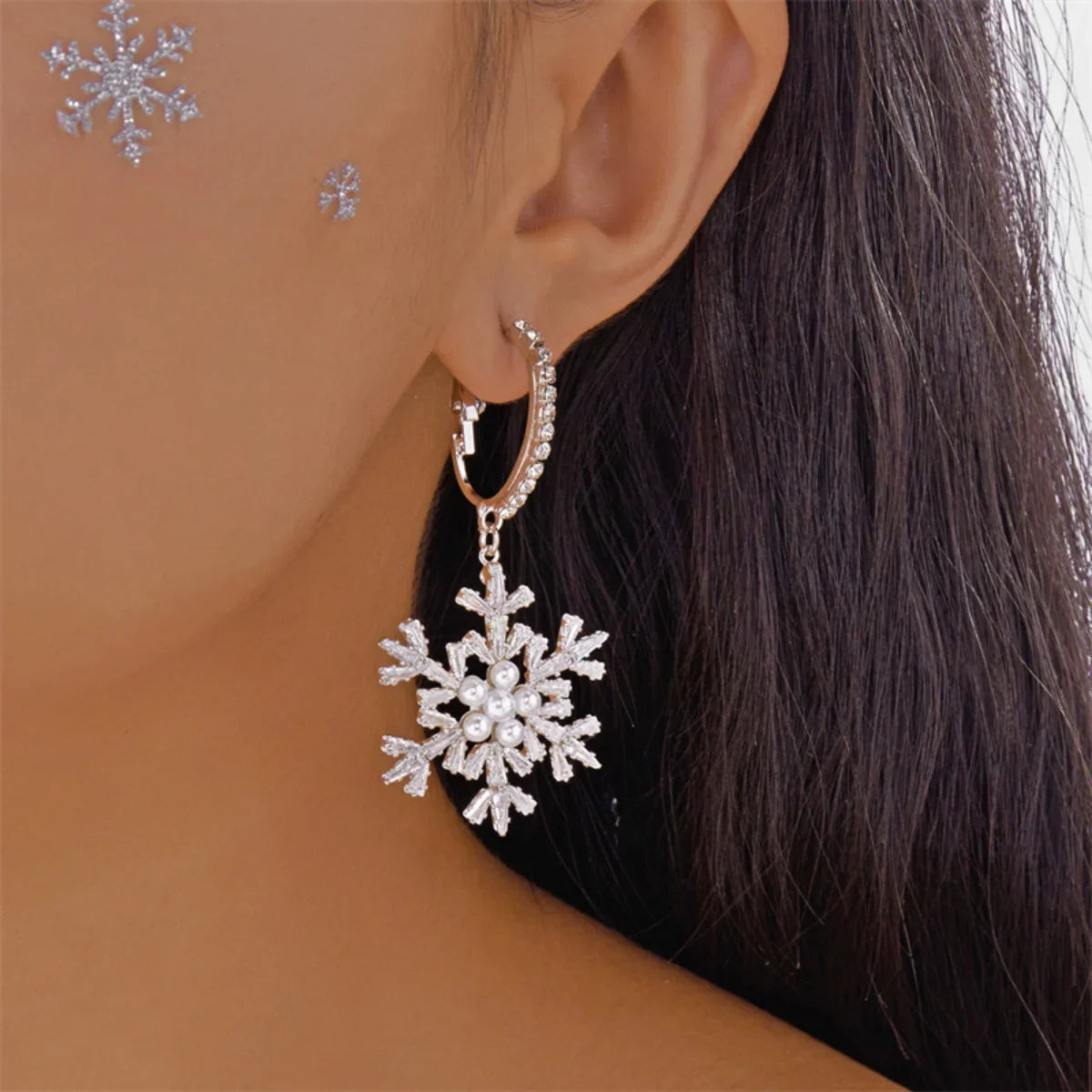 Snow Flower Drop Earrings - Sparkling Zircon Imitation Pearl Snowflake - Dangle Earring