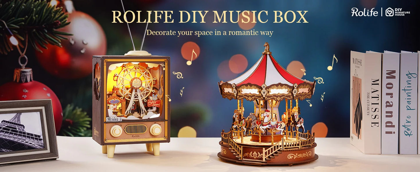 Robotime 3D Wooden Puzzle - Carousel Music Box With LED Lights