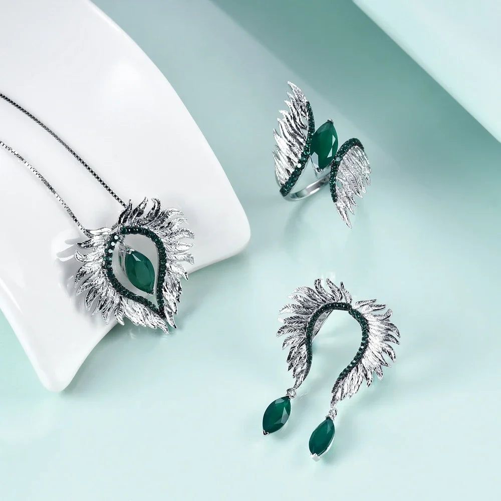 GEM'S BALLET Angel Wings Feather 925 Sterling Silver Earrings - Natural Green Agate Amethyst