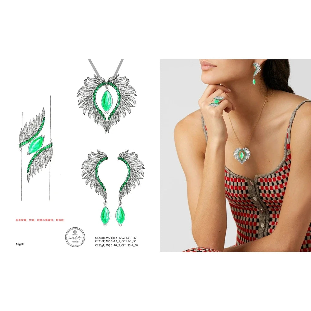 GEM'S BALLET Angel Wings Feather 925 Sterling Silver Earrings - Natural Green Agate Amethyst