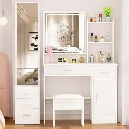 Makeup Vanity with Lights and 2 Mirror, Vanity Table with 3 Lighting Modes and Stool Set, Large Dressing Table with Drawers, Va