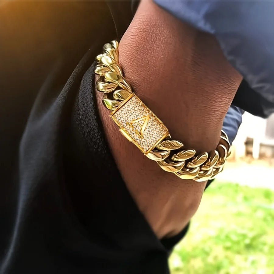 14mm Cuban Link Chain Bracelets - 18K Gold Plated Stainless Steel - Exaggerated Big Bangle Bracelet. - Men'Letter Bracelet