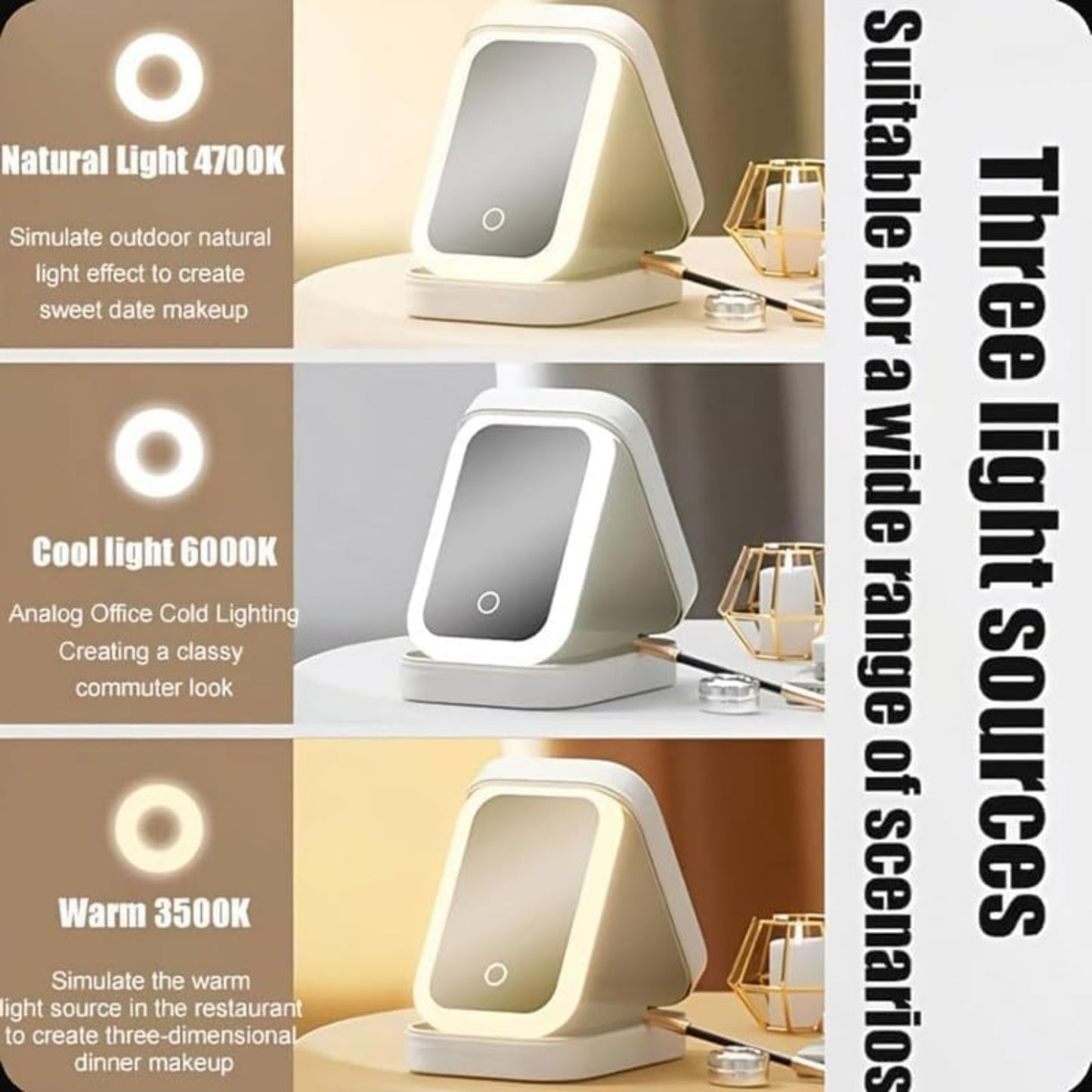 Rechargeable Lighted LED Makeup Mirror - Three Color Adjustable & Brightness White Mirror
