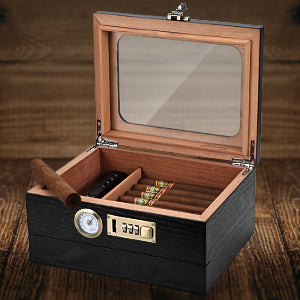 Cedar Wood Cigar Humidor,Glass Top Desktop Box with Front Hygrometer,Humidifier,Divider,Accessories Drawer and Combination Lock