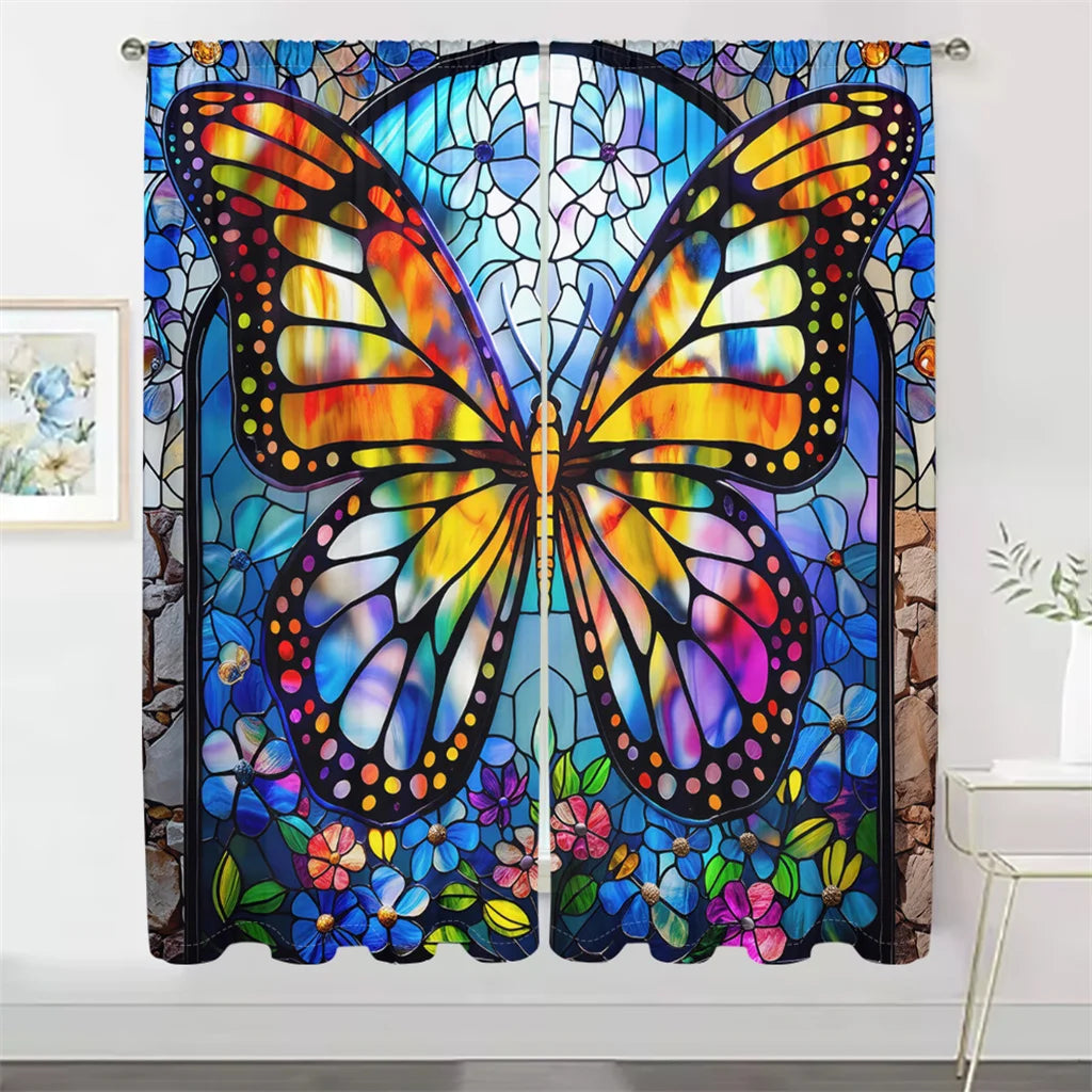 2Pcs Butterfly Painting Curtains - Colorful Pattern Living Room - Bedroom