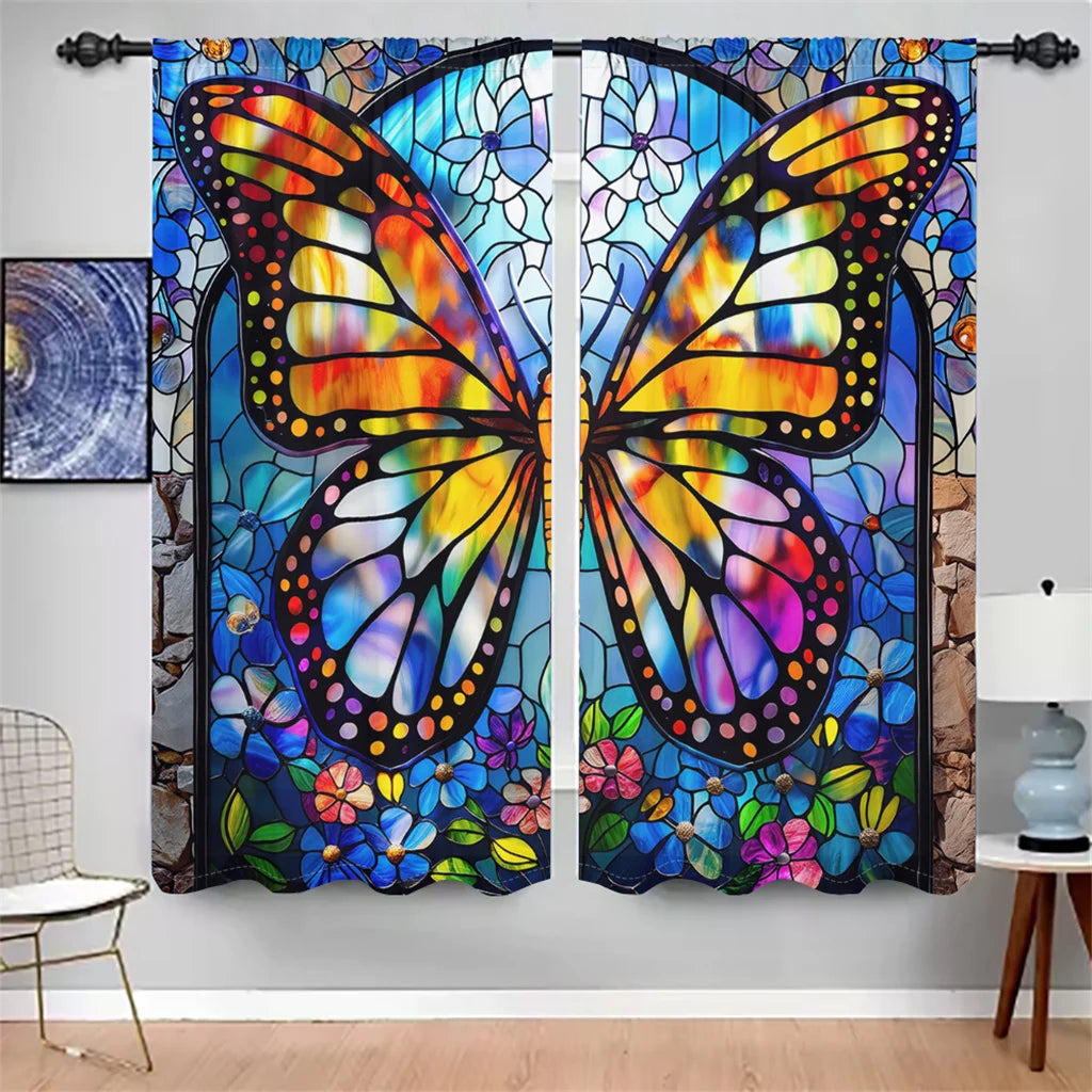 2Pcs Butterfly Painting Curtains - Colorful Pattern Living Room - Bedroom