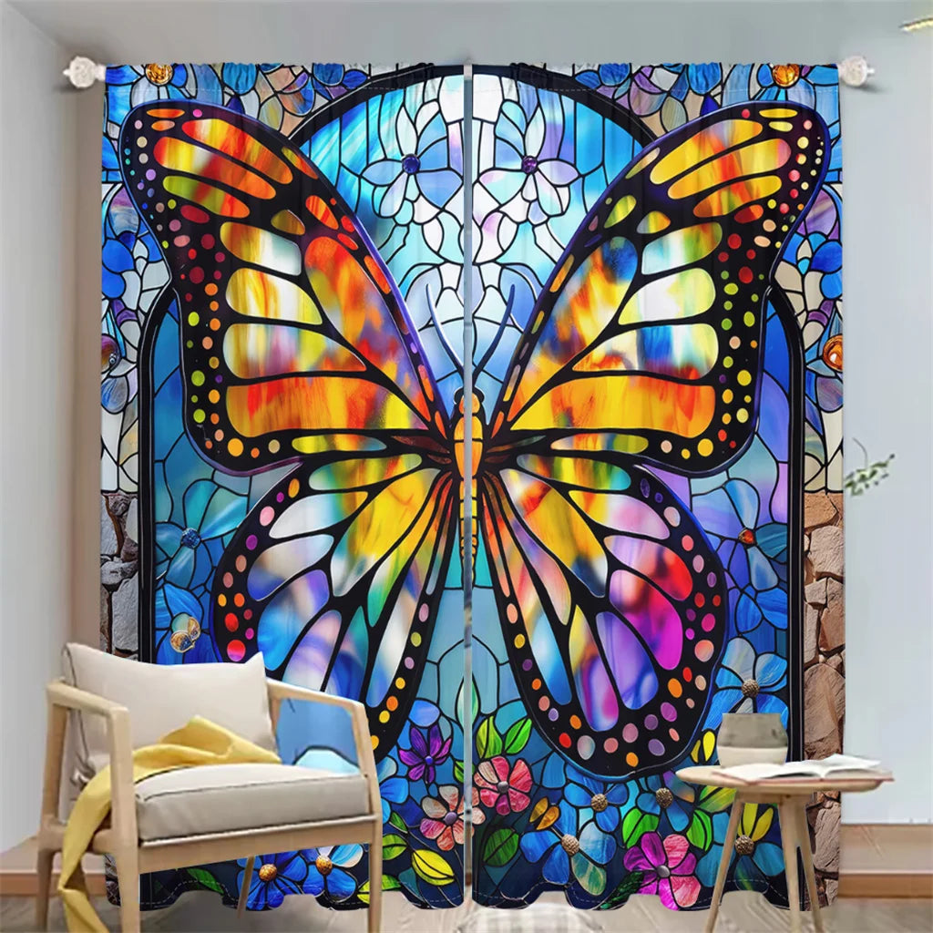 2Pcs Butterfly Painting Curtains - Colorful Pattern Living Room - Bedroom