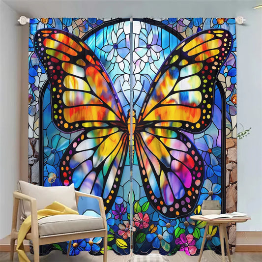 2Pcs Butterfly Painting Curtains - Colorful Pattern Living Room - Bedroom