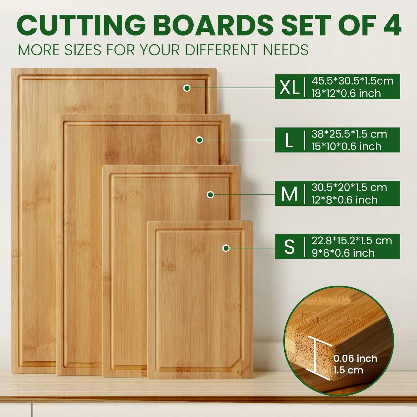 4-piece extra large kitchen bamboo cutting board set,  with juice groove