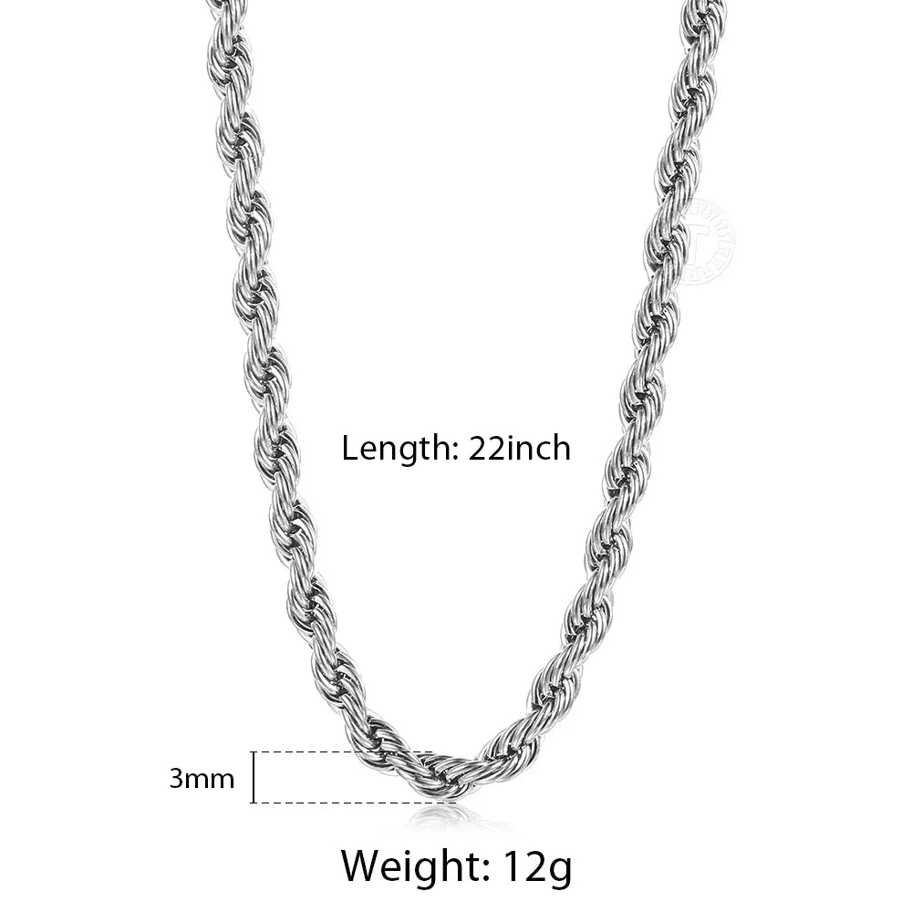 2mm-7mm Rope Chain Necklace Stainless Steel for Men Women - Gold Silver Color Chains