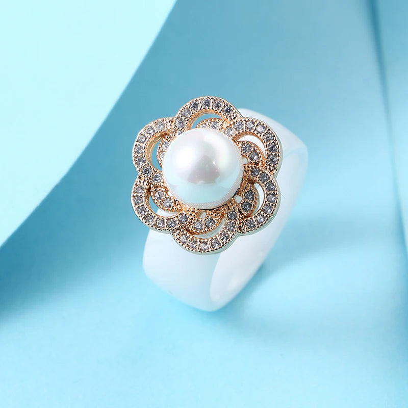 100% S925 Sterling Silver Women Rings - Iced Out CZ Crystal Flower - Pearl Ceramic Rings
