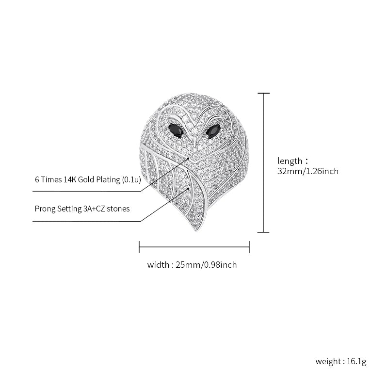 JINAO NEW Hip Hop AAA+ CZ Plated High Quality Iced Out Charm Owl Shape Men and Woman Ring Jewelry For Gift