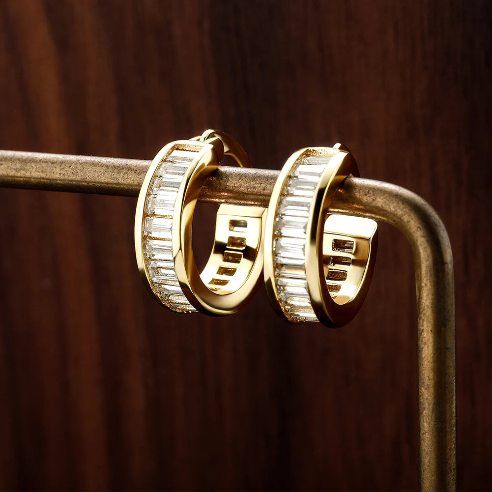 New Baguette Zircon Hoop Earrings - Gold Plated Iced Out CZ Earrings