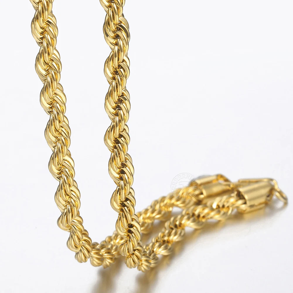 New Fashion Twisted Rope Link Chain -  Gold Color Stainless Steel Necklace for Men - Unisex Chain  22inch 3-7mm
