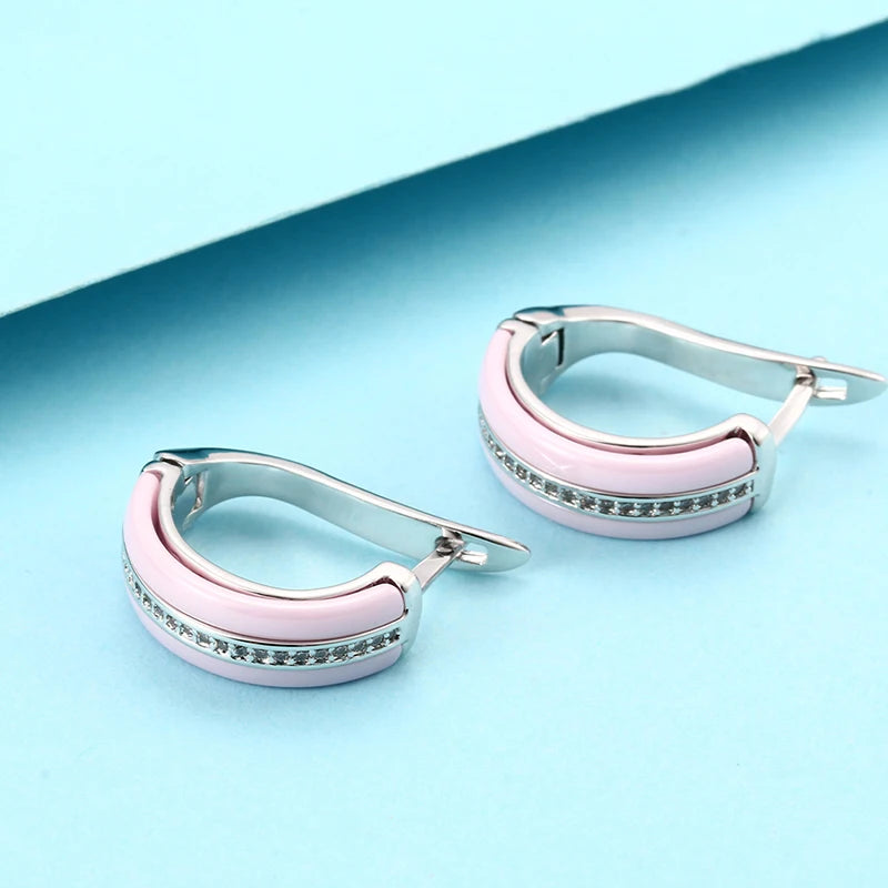 Fashion Ceramic Earring - U Shape Clip Up - Cubic Zirconia For Women -Black -White -Pink