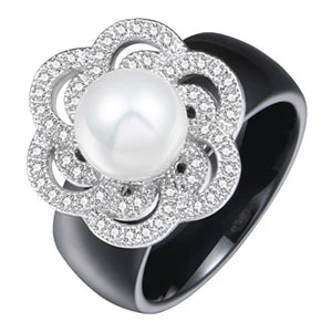 100% S925 Sterling Silver Women Rings - Iced Out CZ Crystal Flower - Pearl Ceramic Rings