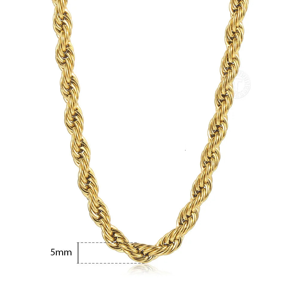 New Fashion Twisted Rope Link Chain -  Gold Color Stainless Steel Necklace for Men - Unisex Chain  22inch 3-7mm