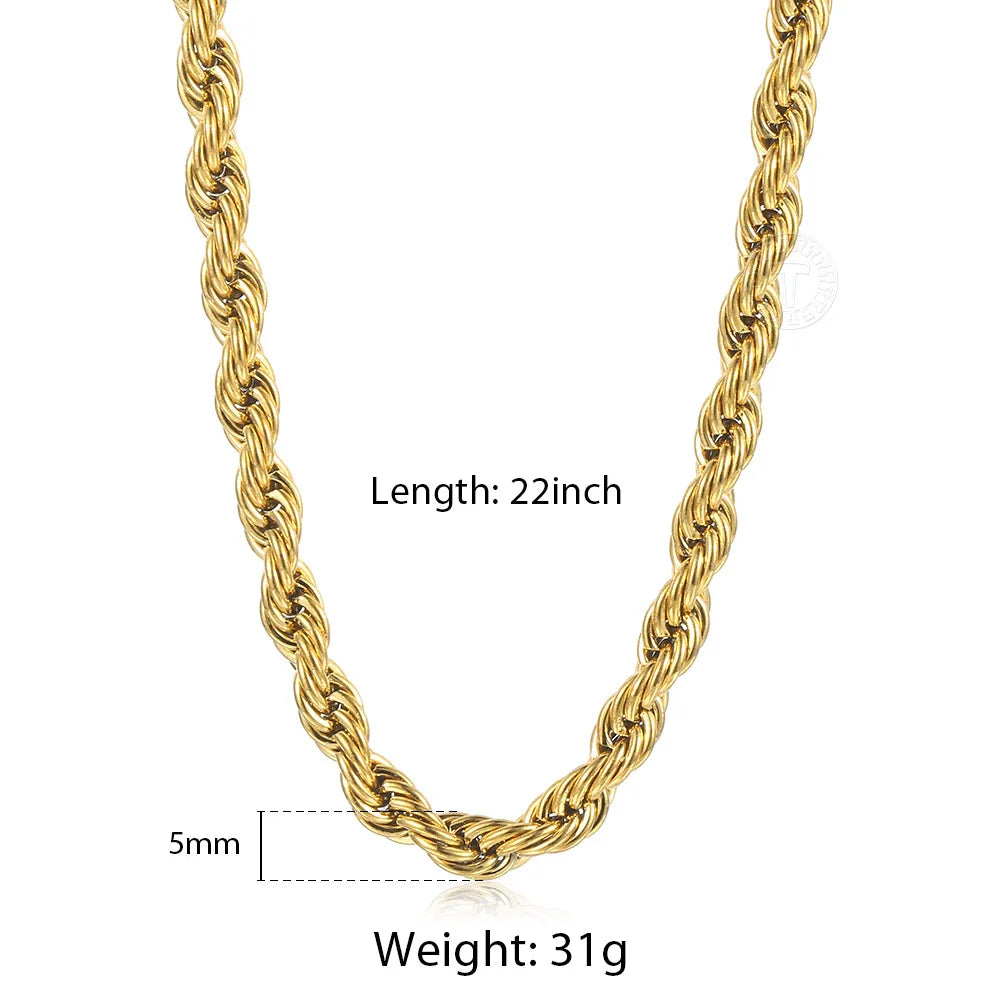 2mm-7mm Rope Chain Necklace Stainless Steel for Men Women - Gold Silver Color Chains