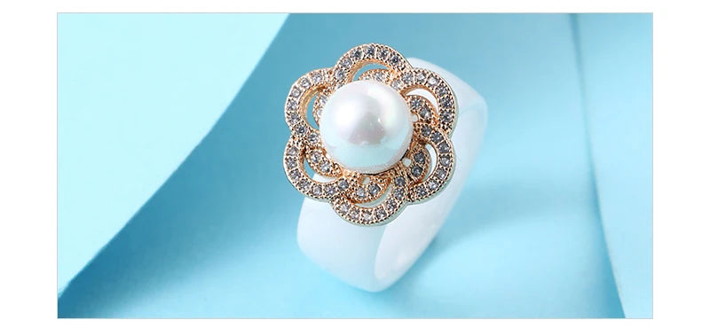 100% S925 Sterling Silver Women Rings - Iced Out CZ Crystal Flower - Pearl Ceramic Rings