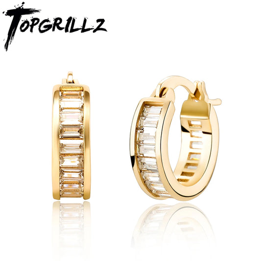 New Baguette Zircon Hoop Earrings - Gold Plated Iced Out CZ Earrings