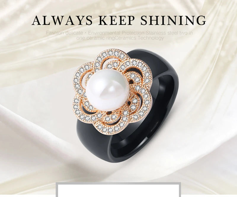 100% S925 Sterling Silver Women Rings - Iced Out CZ Crystal Flower - Pearl Ceramic Rings
