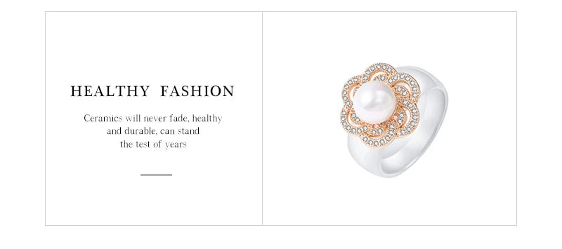 100% S925 Sterling Silver Women Rings - Iced Out CZ Crystal Flower - Pearl Ceramic Rings